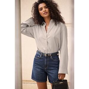 Dynamite Sutton Striped Oxford Shirt - XS - Timber Wolf Stripes